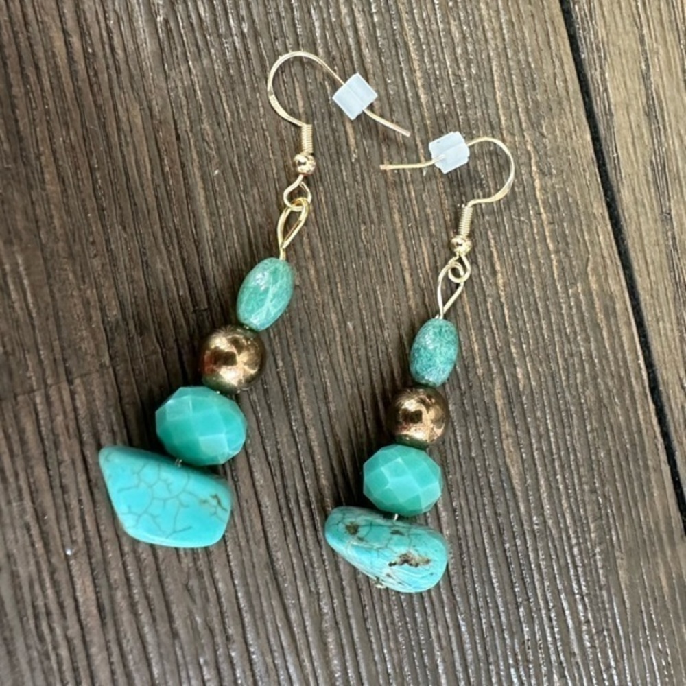 Genuine Turquoise Stone Gold 2” Stack Earrings Handmade Artisan Boho